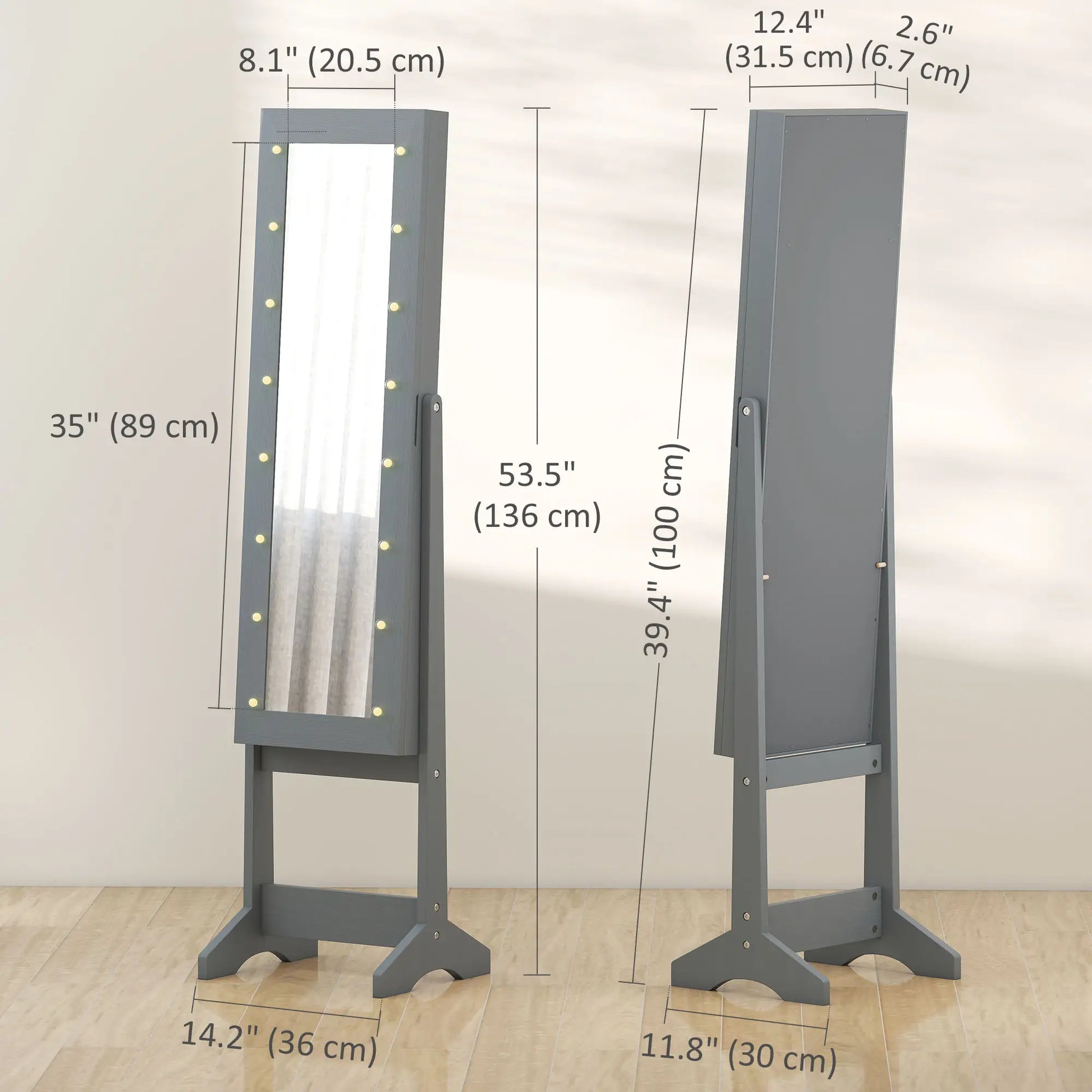 Free Standing Armoire Organizer, Lighted Mirrored Jewelry Cabinet, Grey Jewellery Armoire & Jewellery Mirror Cabinets at Gallery Canada