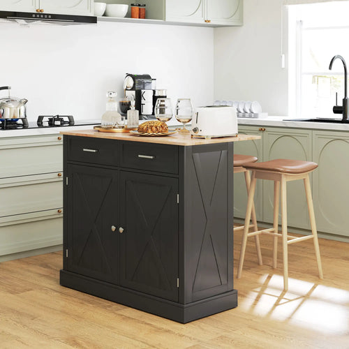 Kitchen Island with Drop Leaf, 2 Drawers, Adjustable Shelves, Black