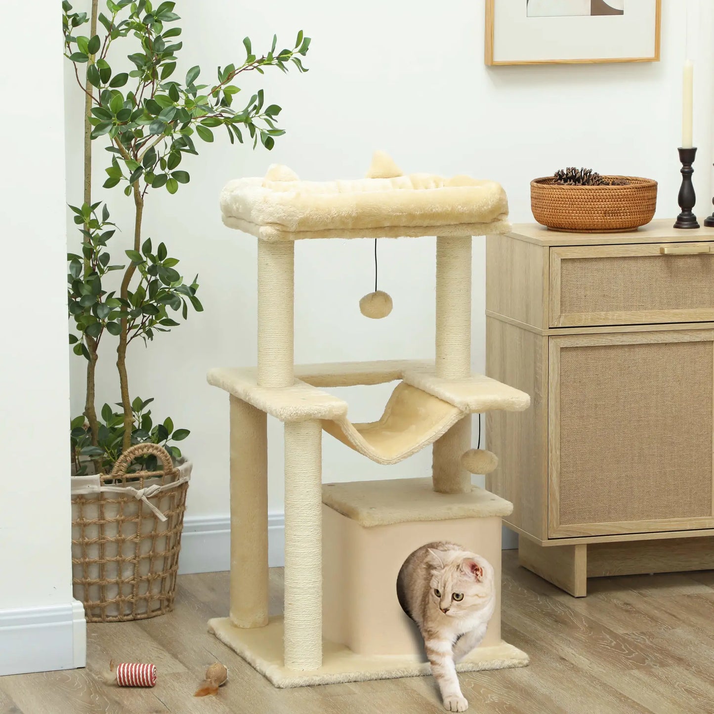 39.25'' Cat Tree Tower, Multi-Level Kitten House, Scratching Post, Hammock Bed, Beige Cat Posts at Gallery Canada