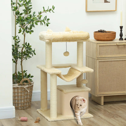 39.25'' Cat Tree Tower, Multi-Level Kitten House, Scratching Post, Hammock Bed, Beige Cat Posts at Gallery Canada