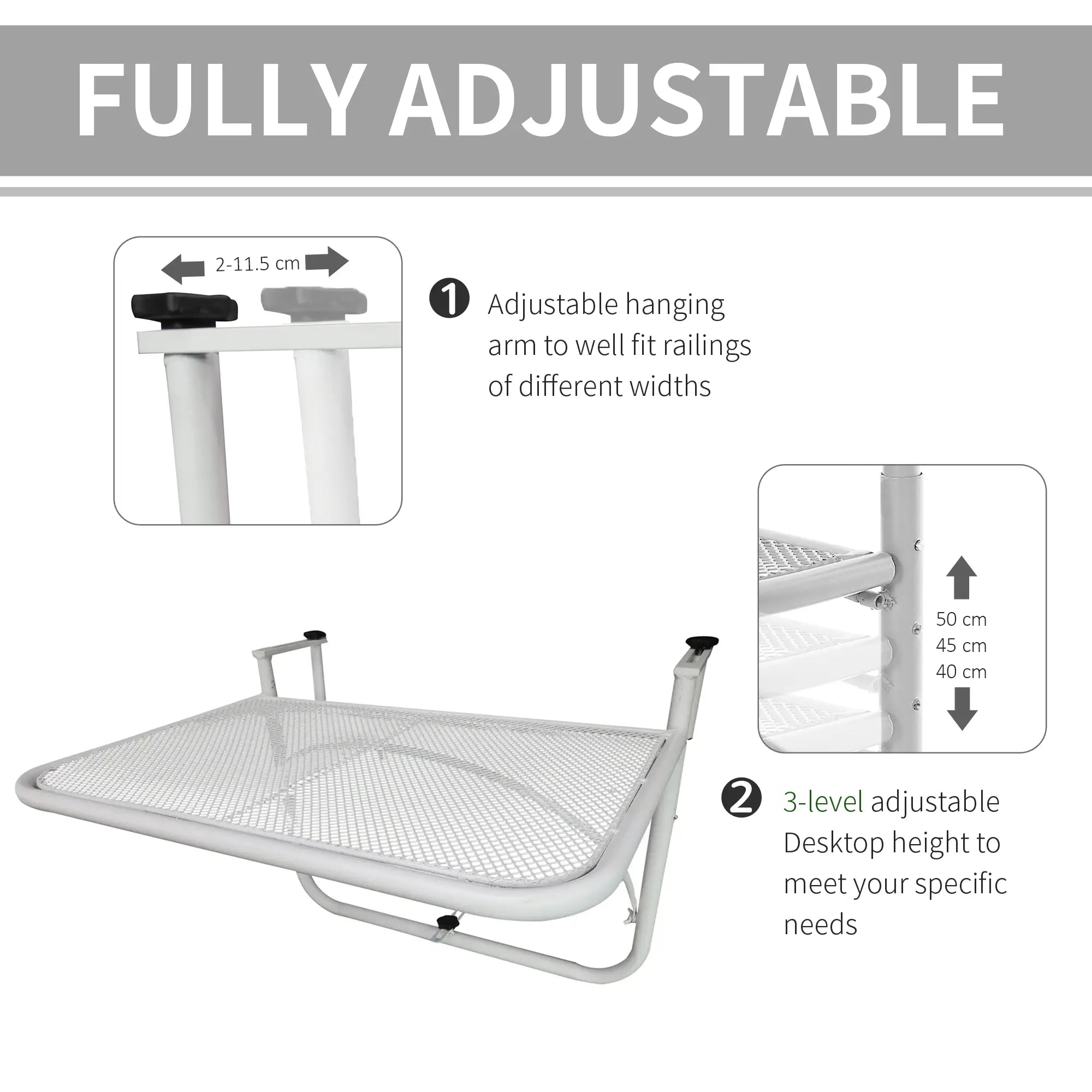 Adjustable Balcony Hanging Table, Metal Wall Desk, Outdoor Flower Stand, White Balcony Table Hanging at Gallery Canada