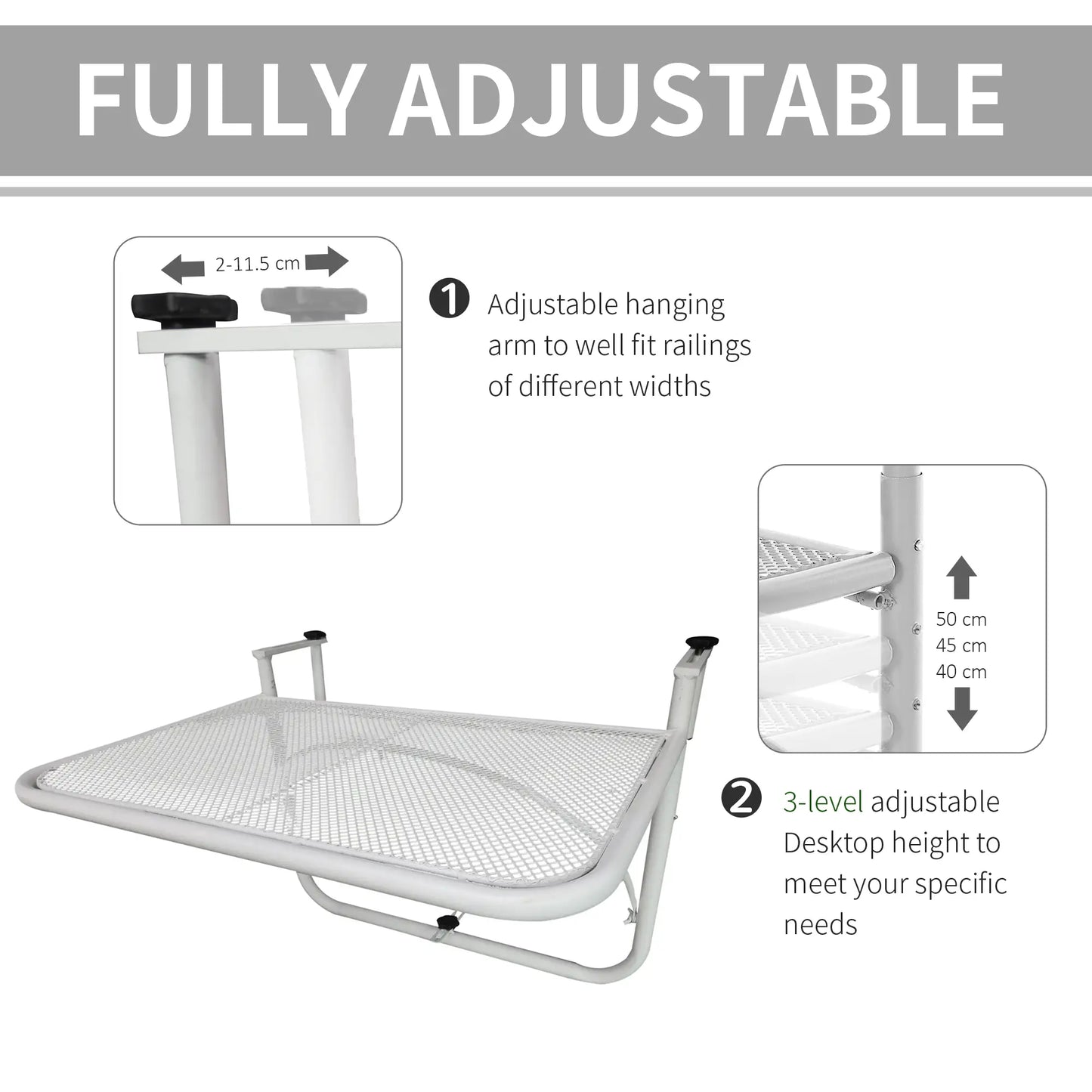 Adjustable Balcony Hanging Table, Metal Wall Desk, Outdoor Flower Stand, White Balcony Table Hanging at Gallery Canada