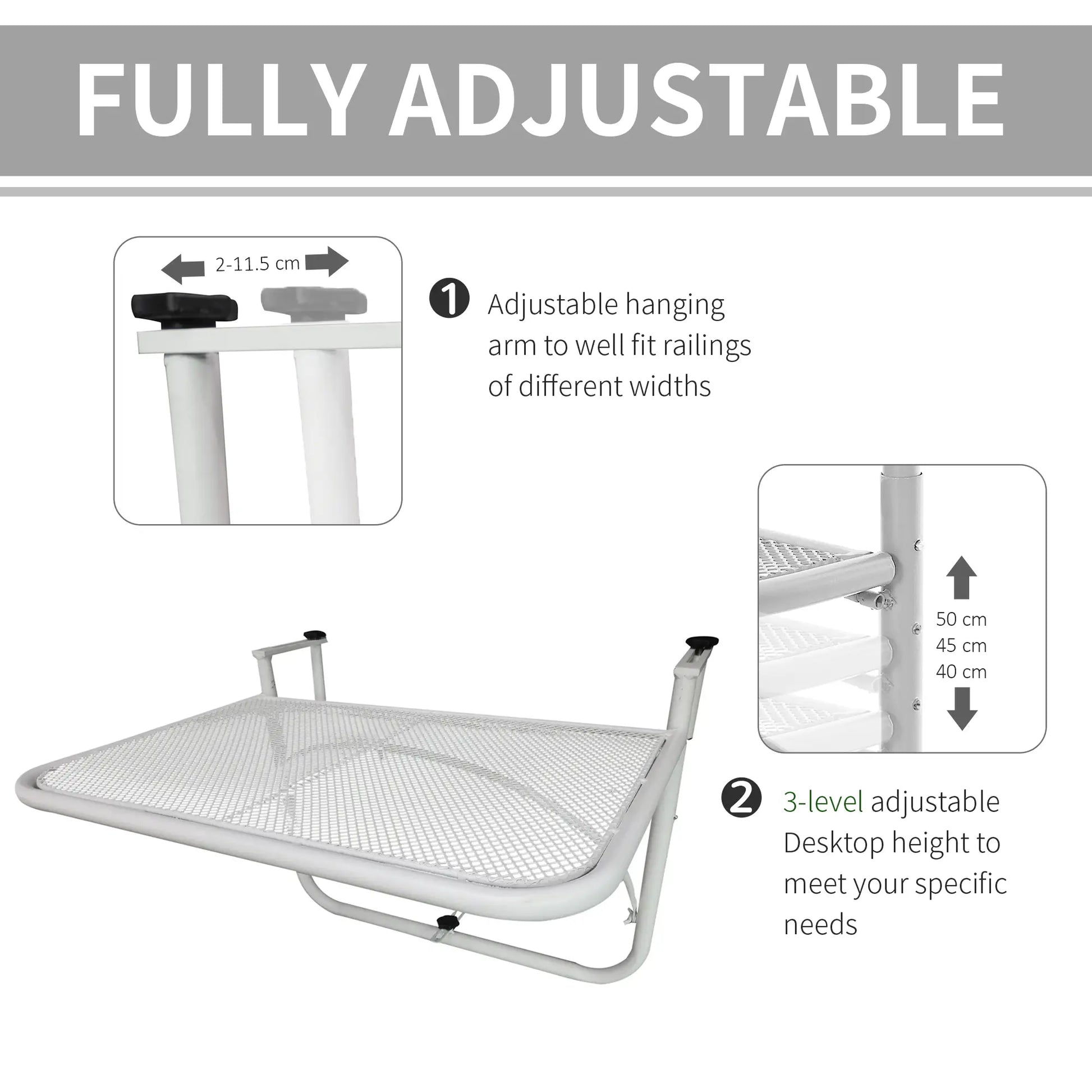 Adjustable Balcony Hanging Table, Metal Wall Desk, Outdoor Flower Stand, White Balcony Table Hanging at Gallery Canada