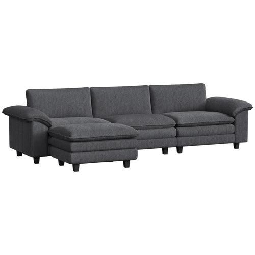 L-Shaped Sectional Sofa, Movable Ottoman, Pillow-Top Armrests, Dark Grey