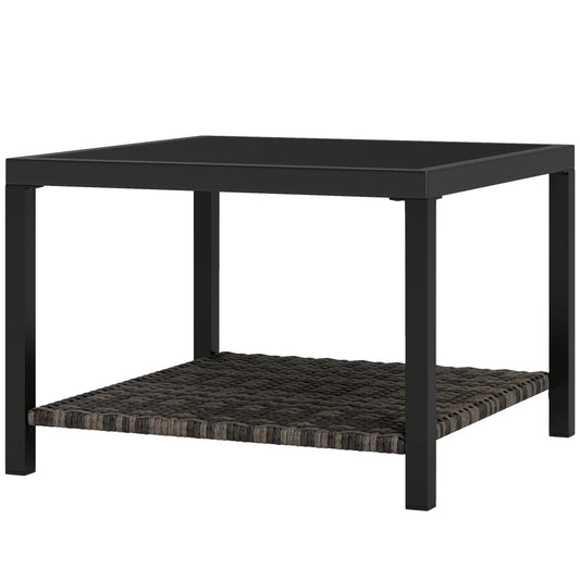 23.6" Rattan End Table, Outdoor Coffee Table, Tempered Glass Top, Black Patio Side Tables Black at Gallery Canada