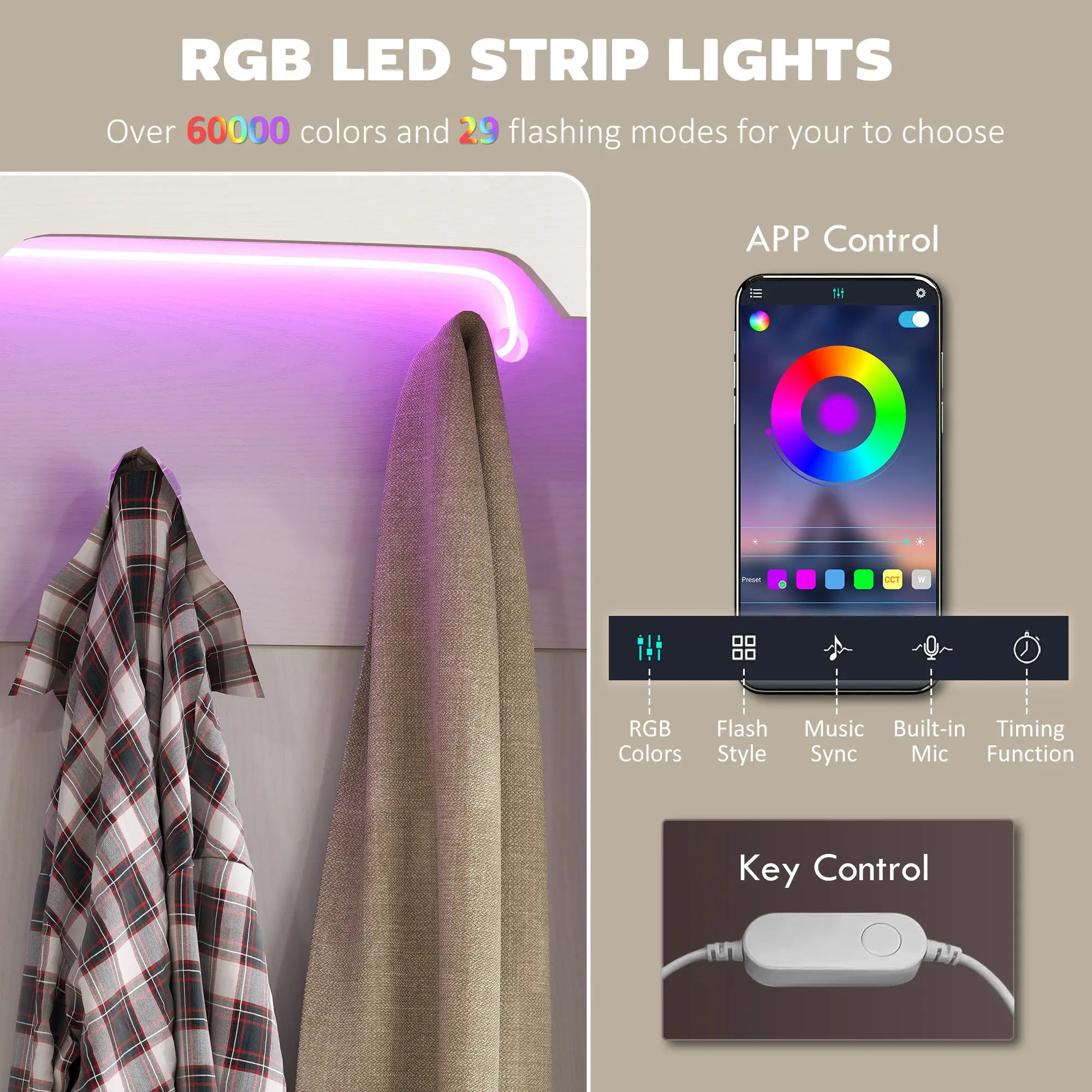 3-in-1 Hall Tree, LED Lights, Bench, Coat Rack, Shoe Storage, White Wood Grain, White Clothing Storage at Gallery Canada