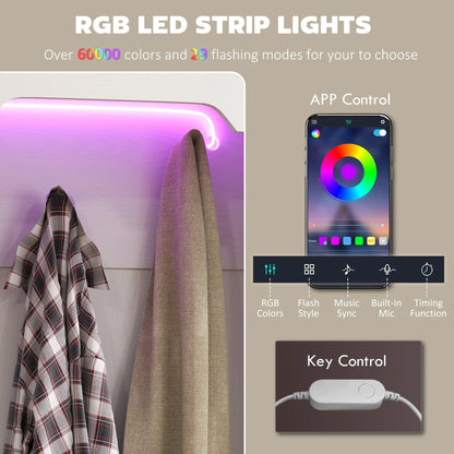 3-in-1 Hall Tree, LED Lights, Bench, Coat Rack, Shoe Storage, White Wood Grain, White Clothing Storage at Gallery Canada