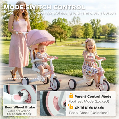 7 in 1 Toddler Tricycle, Safety Harness, Adjustable Parent Handle, Pink Tricycles for Kids at Gallery Canada