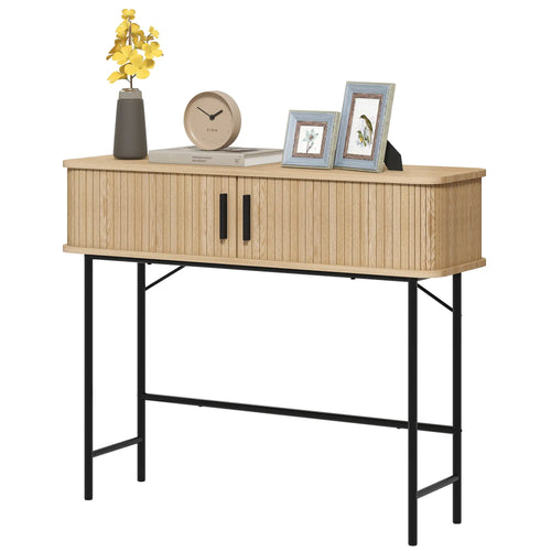 Mid-Century Narrow Console Table, Slatted Tambour Doors, Steel Legs, Oak, Black