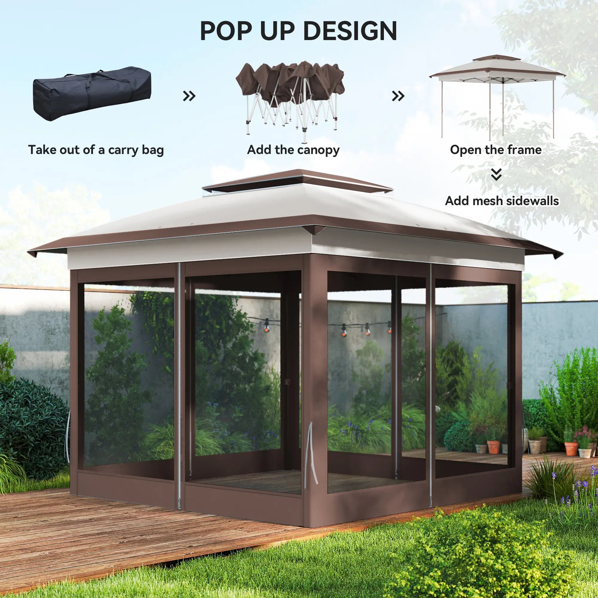 12' x 12' Pop Up Canopy, Sun Shade Tent, Mesh Sidewalls, Beige, Dark Brown Pop Up Canopies at Gallery Canada