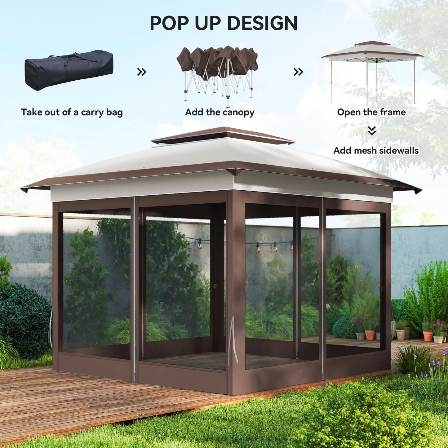 12' x 12' Pop Up Canopy, Sun Shade Tent, Mesh Sidewalls, Beige, Dark Brown Pop Up Canopies at Gallery Canada