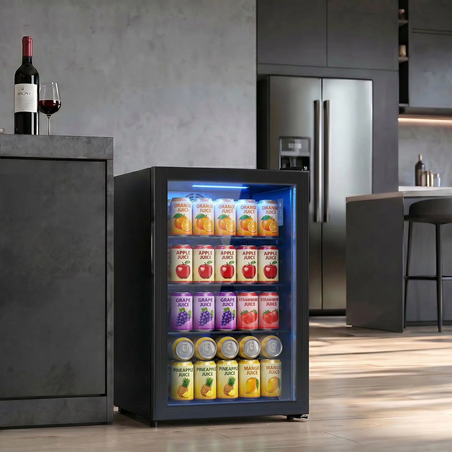 2.1 Cu.Ft Beverage Fridge, 85 Can, Glass Door, Auto-Defrost, LED, Black