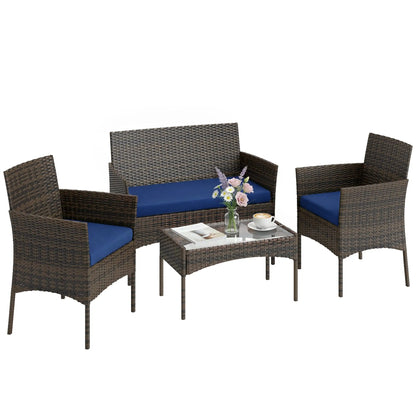 4-Piece Wicker Patio Furniture Set, Glass Coffee Table, Navy Blue Patio Furniture Sets at Gallery Canada
