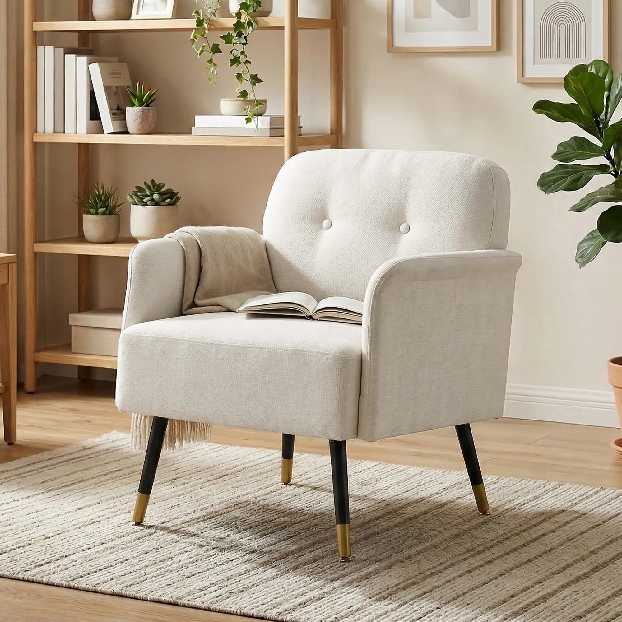 Modern Tufted Accent Chair, Metal Legs, Upholstered Reading Armchair, Cream White Accent Chairs at Gallery Canada