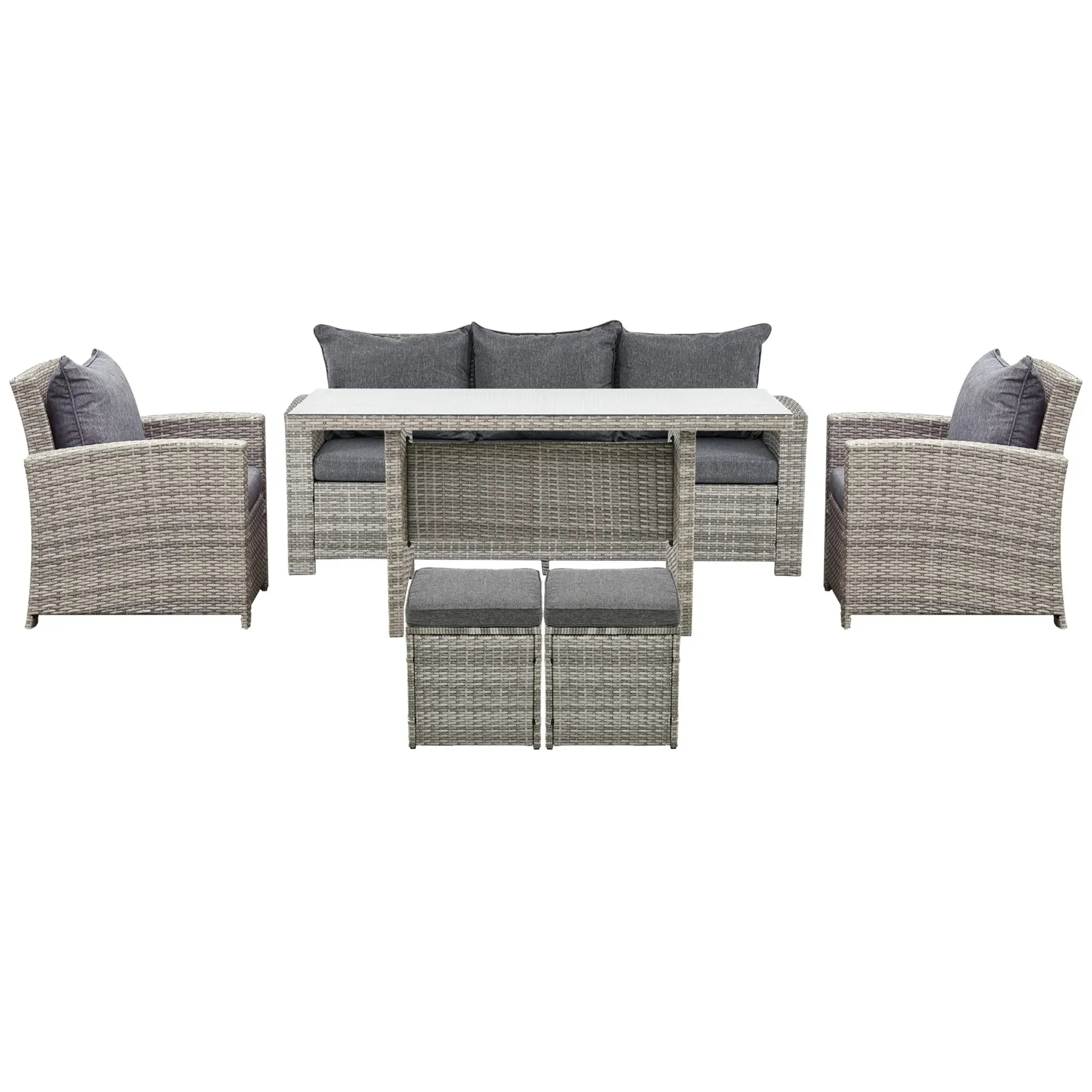 6 Pcs Patio Furniture Set, Rattan Outdoor, 3 Seater Sofa, Armchairs, Footstools, Table, Dark Grey Patio Furniture Sets Light Grey, Dark Grey at Gallery Canada