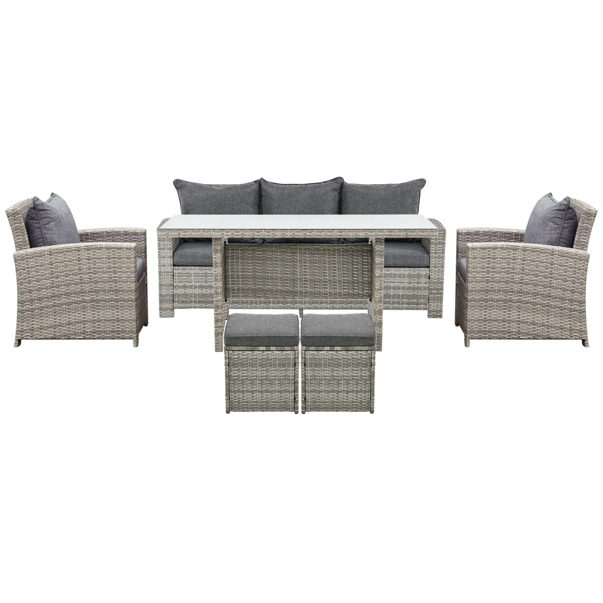 6 Pcs Patio Furniture Set, Rattan Outdoor, 3 Seater Sofa, Armchairs, Footstools, Table, Dark Grey Patio Furniture Sets Light Grey, Dark Grey at Gallery Canada