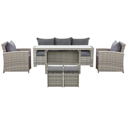 6 Pcs Patio Furniture Set, Rattan Outdoor, 3 Seater Sofa, Armchairs, Footstools, Table, Dark Grey Patio Furniture Sets Light Grey, Dark Grey at Gallery Canada