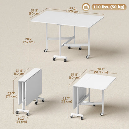 Six-Seater Drop-Leaf Dining Table with Wheels, White