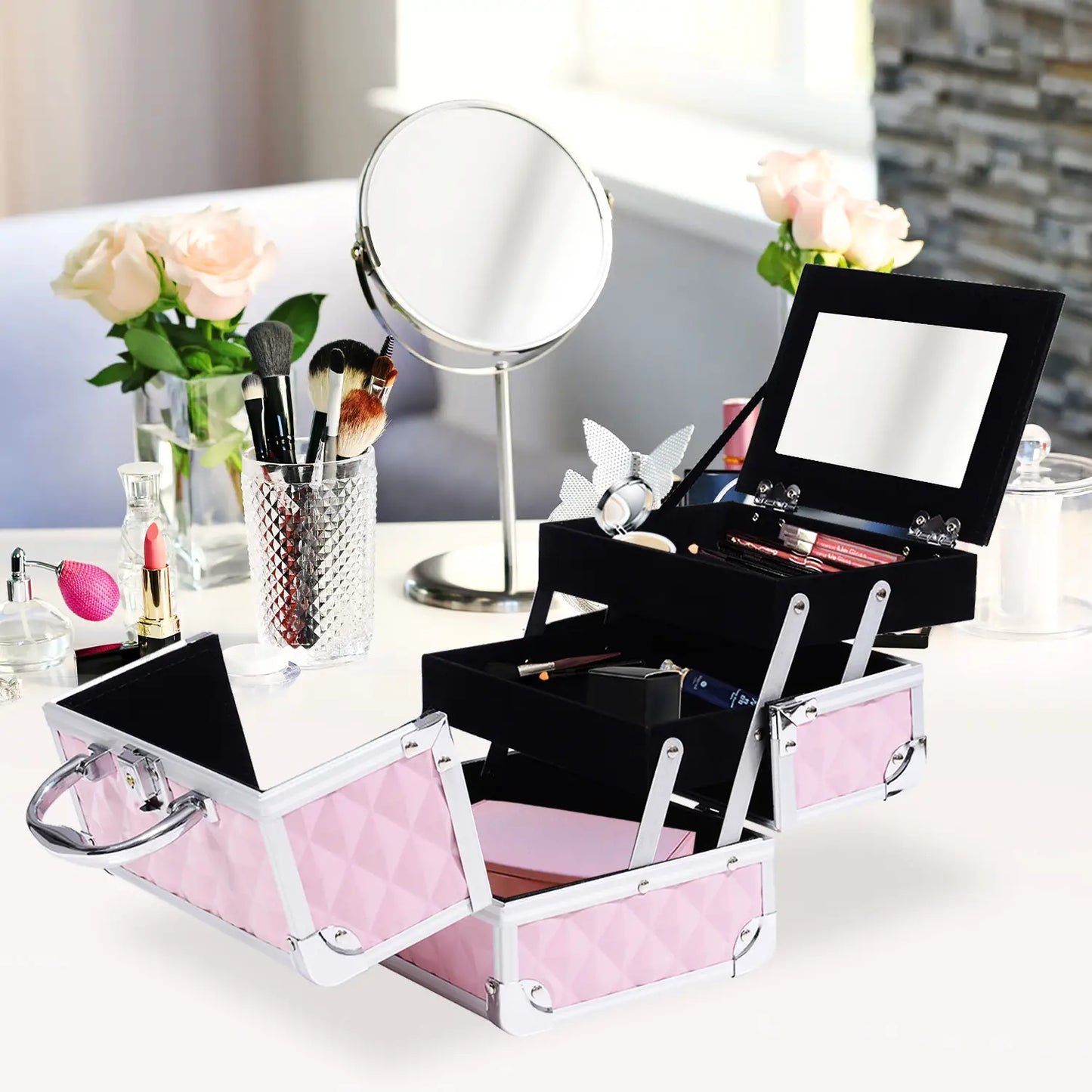 3 Tier Diamond Texture Makeup Case, Cosmetic Organizer with Mirror, Pink Makeup Cases at Gallery Canada
