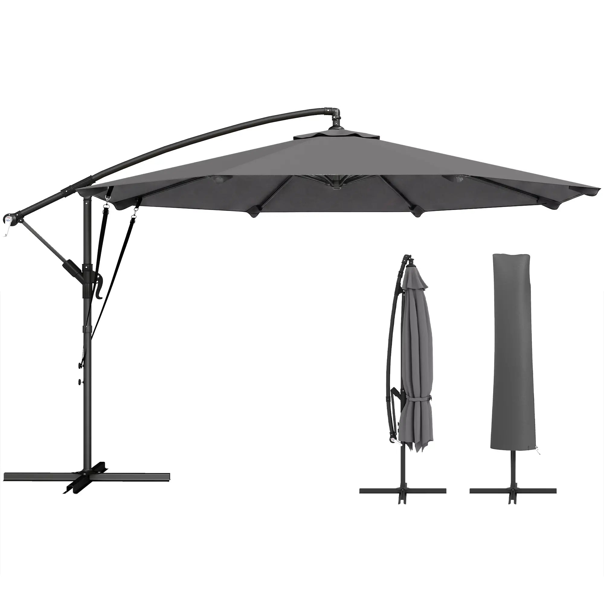 10FT Cantilever Patio Umbrella, 8 Ribs, Cover, Wind Ropes, Dark Grey Offset Cantilever Umbrellas at Gallery Canada