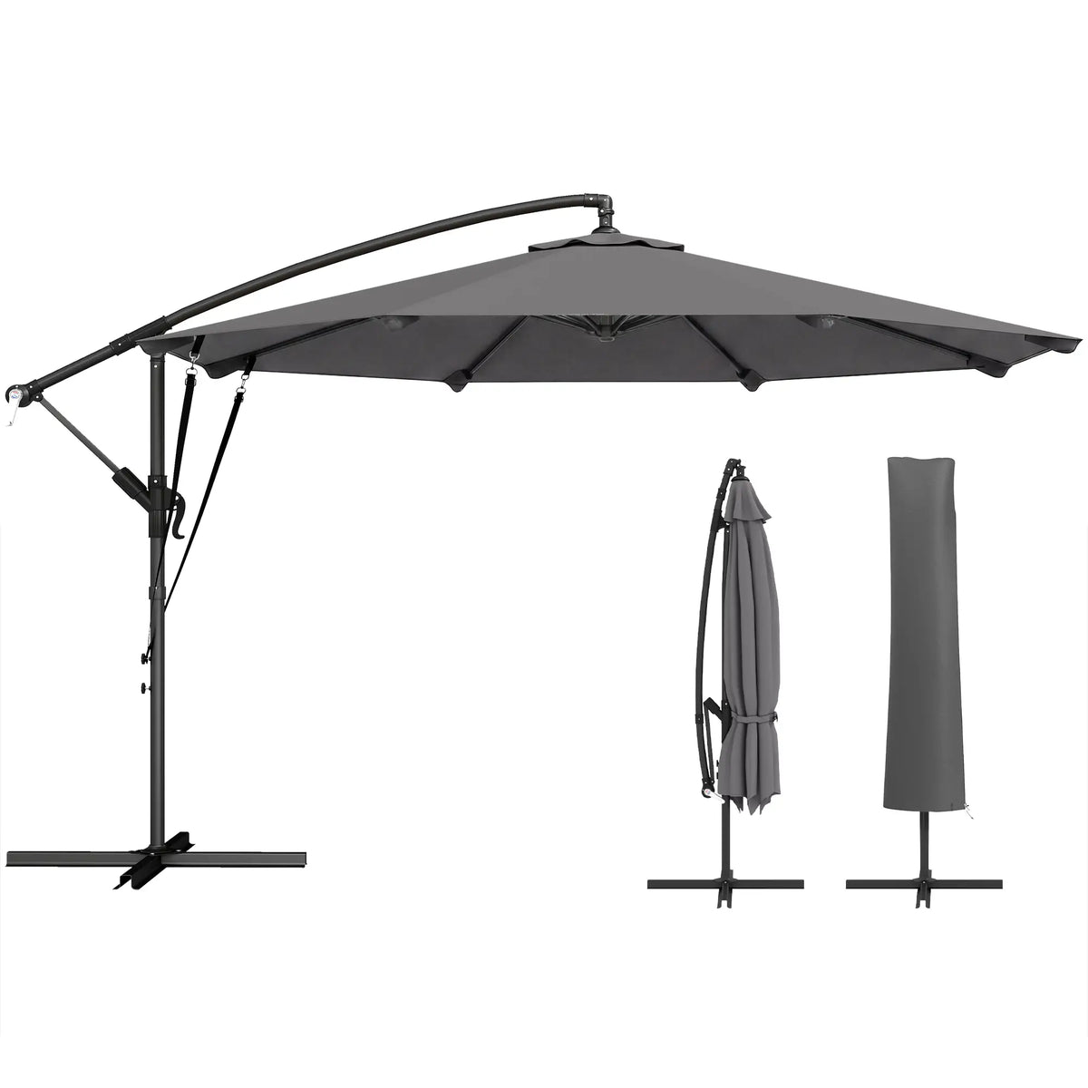 10FT Cantilever Patio Umbrella, 8 Ribs, Cover, Wind Ropes, Dark Grey Offset Cantilever Umbrellas at Gallery Canada