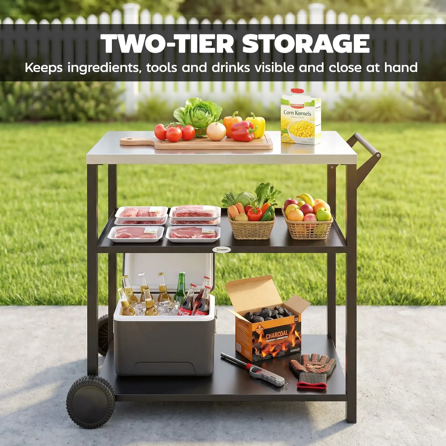 Outdoor Grill Cart, Stainless Steel Tabletop, 3-Tier BBQ Stand, Black Outdoor Grill Carts at Gallery Canada