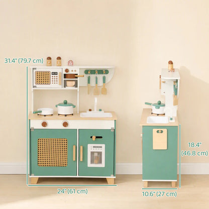 Wooden Play Kitchen Set, 19PCs, Ages 3-6, Green