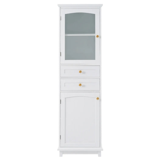 Bathroom Storage Cabinet, Glass Doors, Adjustable Shelves, 18" L x 14" W x 63" H, White Bathroom Cabinets White at Gallery Canada