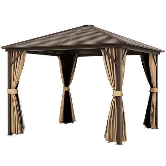 10' x 10' Hardtop Gazebo, Aluminum Canopy, Mosquito Netting, Curtains, Hanging Hook, Brown Gazebos Brown at Gallery Canada