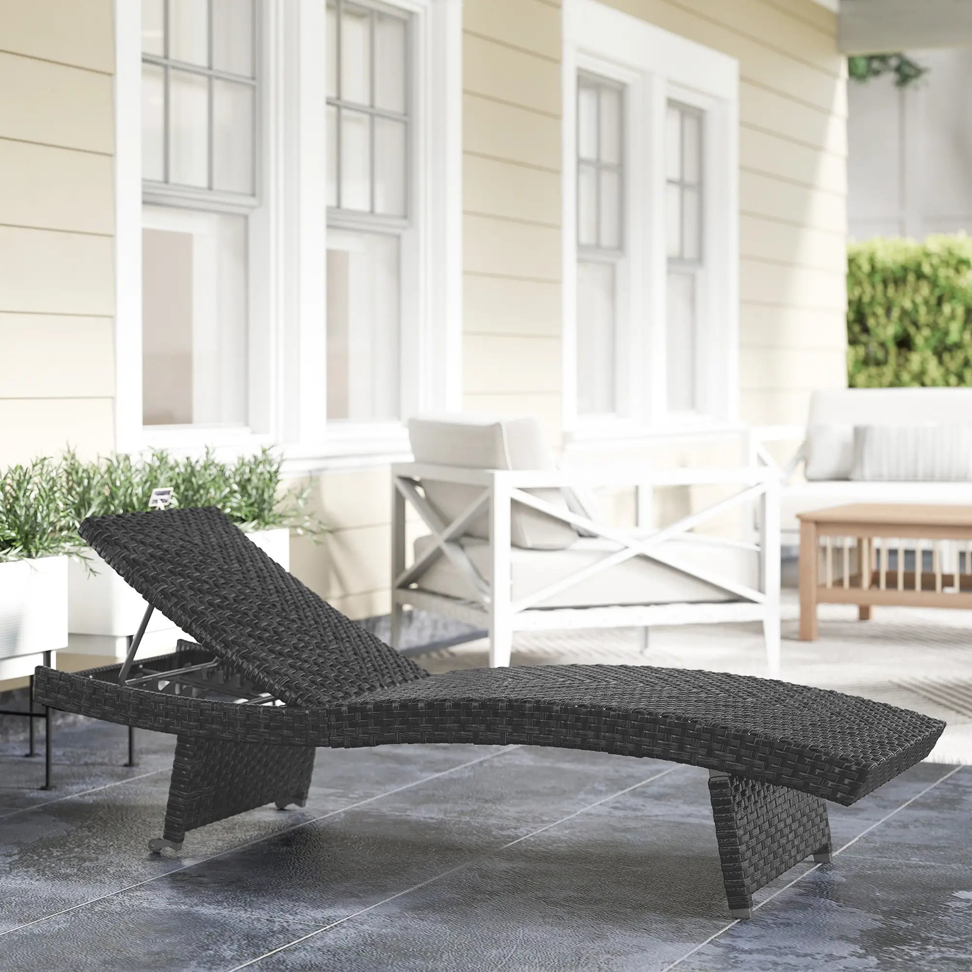 Folding Wicker Outdoor Chaise Lounge, 4-Level Adjustable Backrest, Black Wicker Chaise Loungers at Gallery Canada