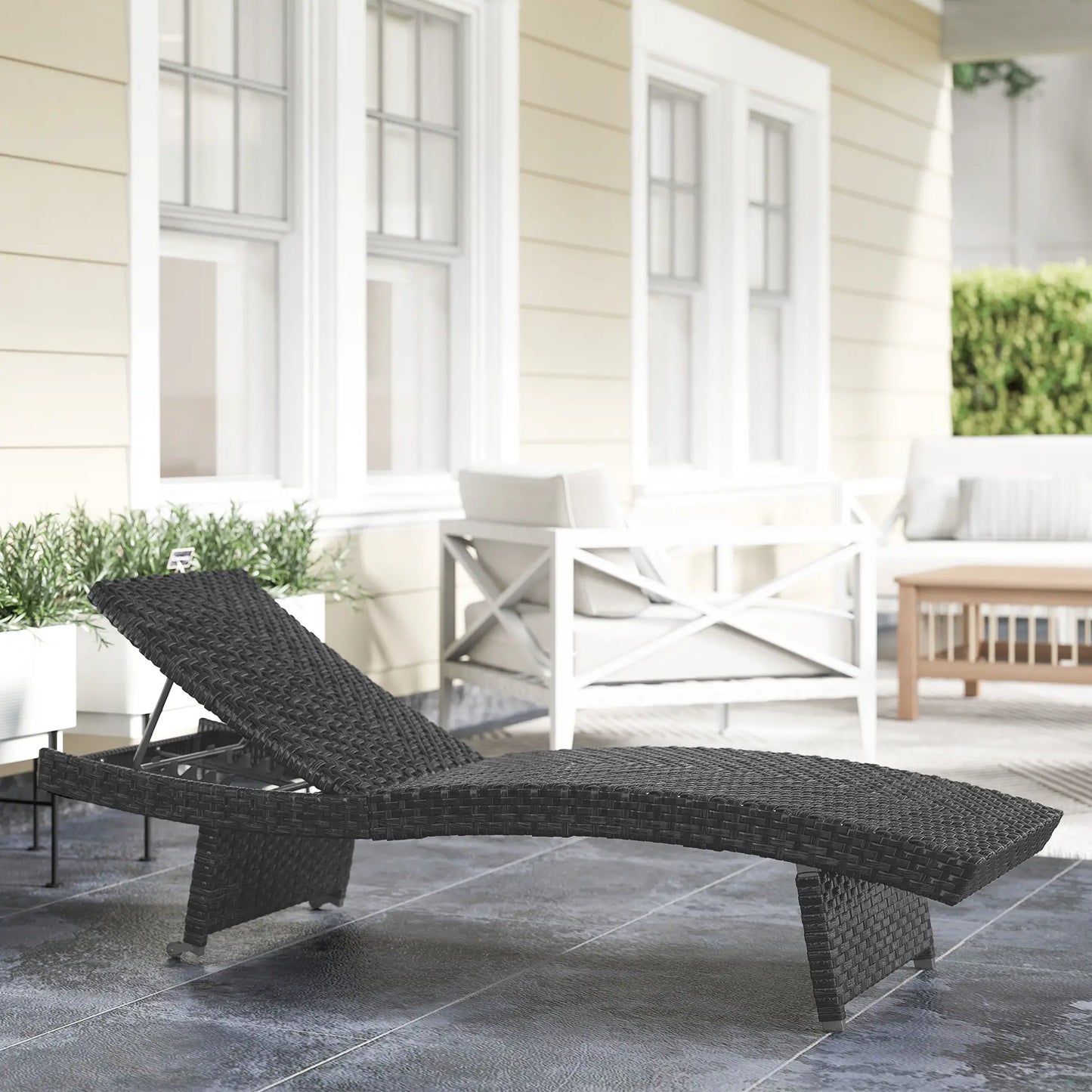 Folding Wicker Outdoor Chaise Lounge, 4-Level Adjustable Backrest, Black Wicker Chaise Loungers at Gallery Canada