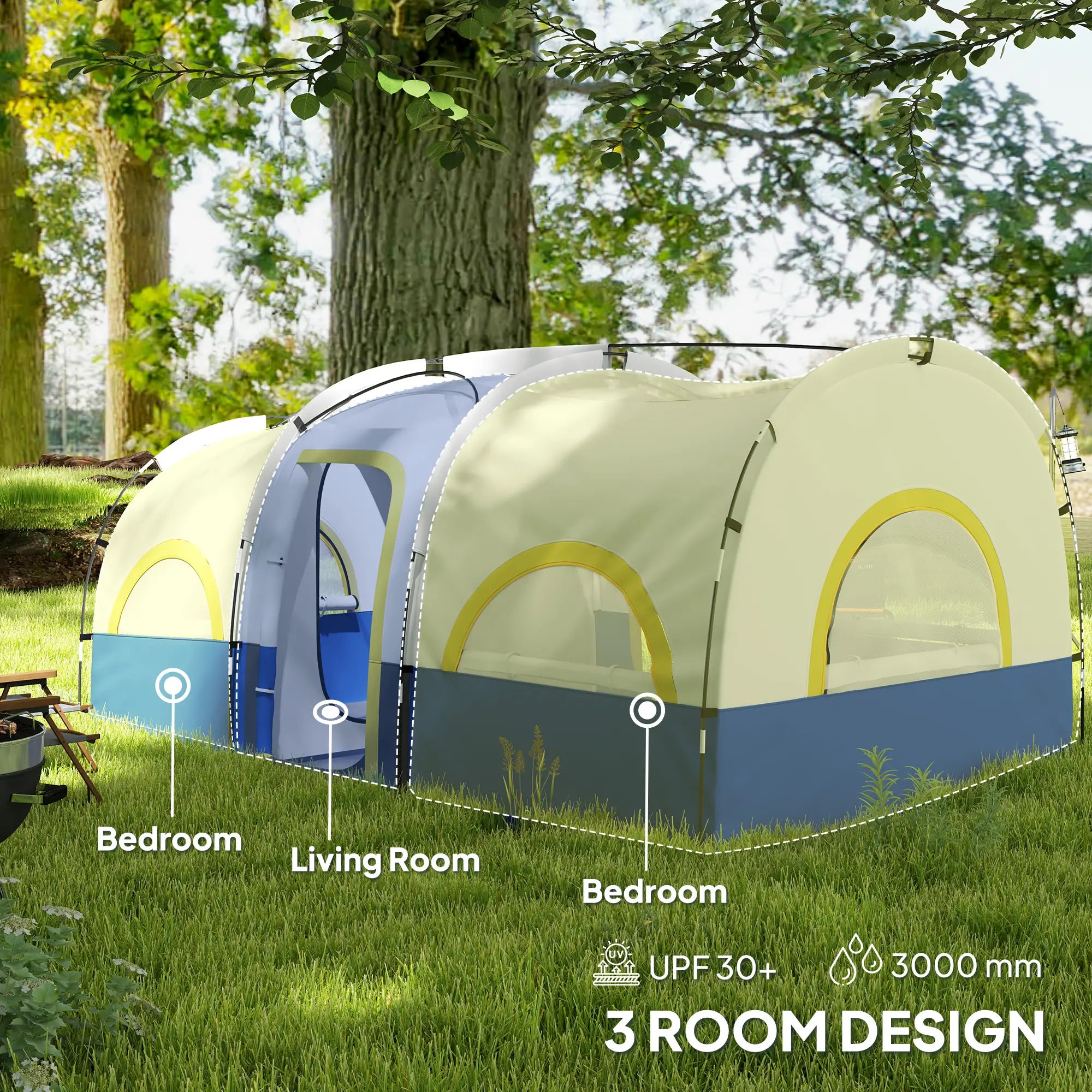 4-6 Person Camping Tent, 3 Room, 3000mm Waterproof, UPF30+, Blue Camping Tents at Gallery Canada