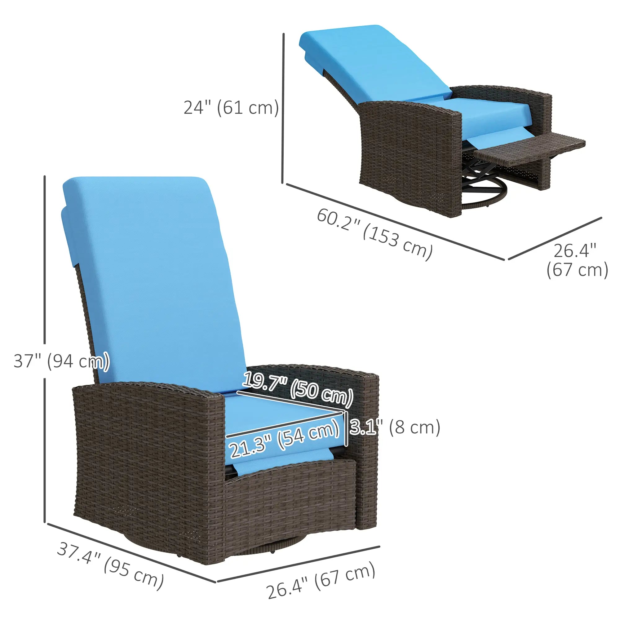 Outdoor Rattan Lounge Chair with Footrest, Soft Cushion, Sky Blue Patio Chairs at Gallery Canada