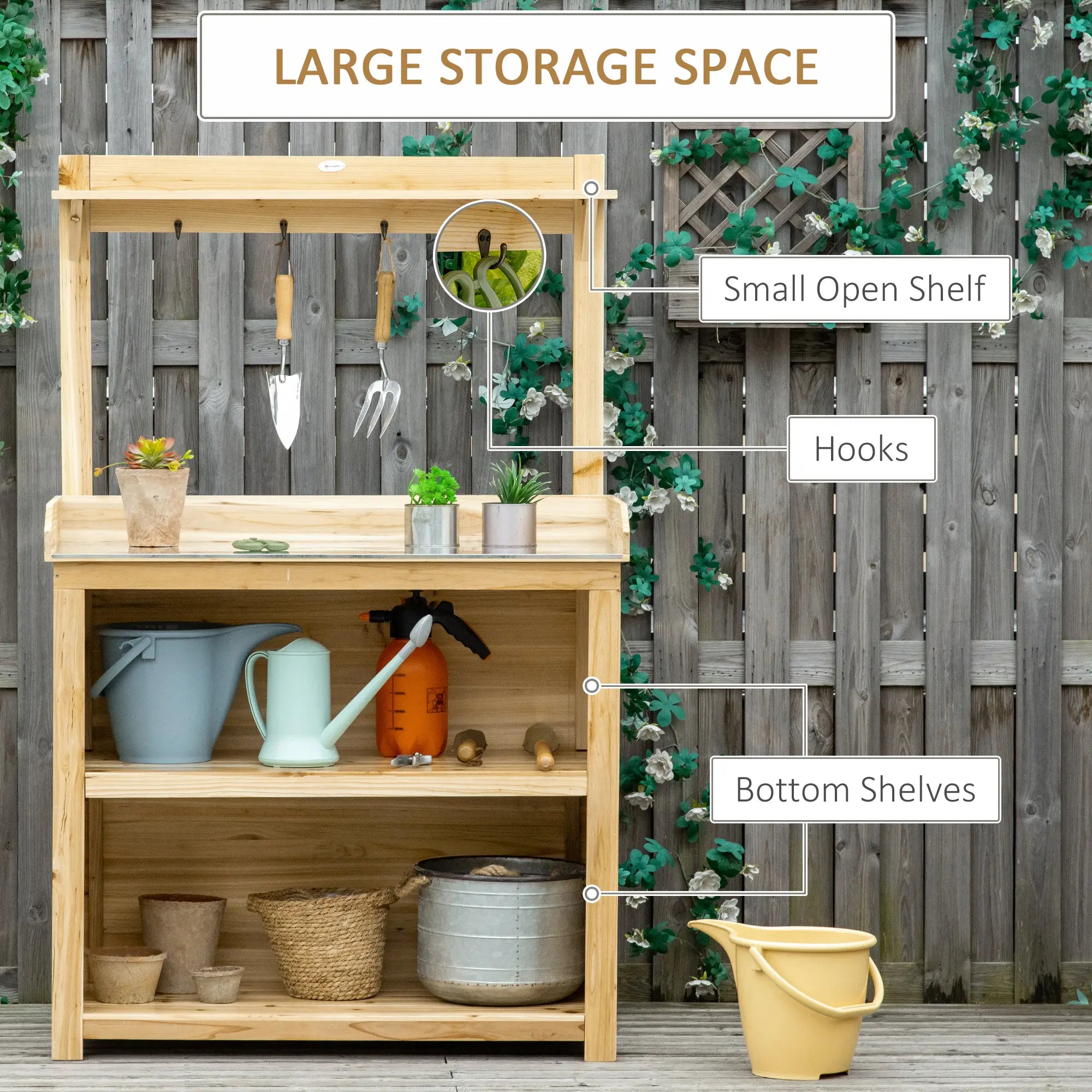 Potting Bench Table, Wooden Garden Workstation with Storage Shelves and Hooks Potting Benches & Tables at Gallery Canada