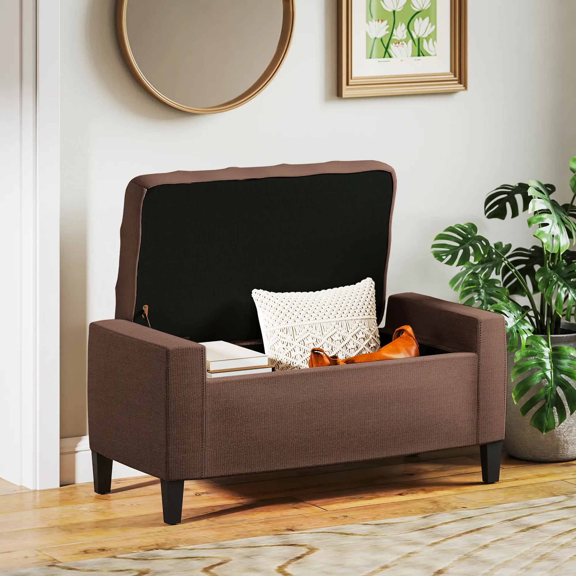 Storage Ottoman Bench, Linen Upholstered, Tufted, Brown Storage Ottomans & Benches at Gallery Canada