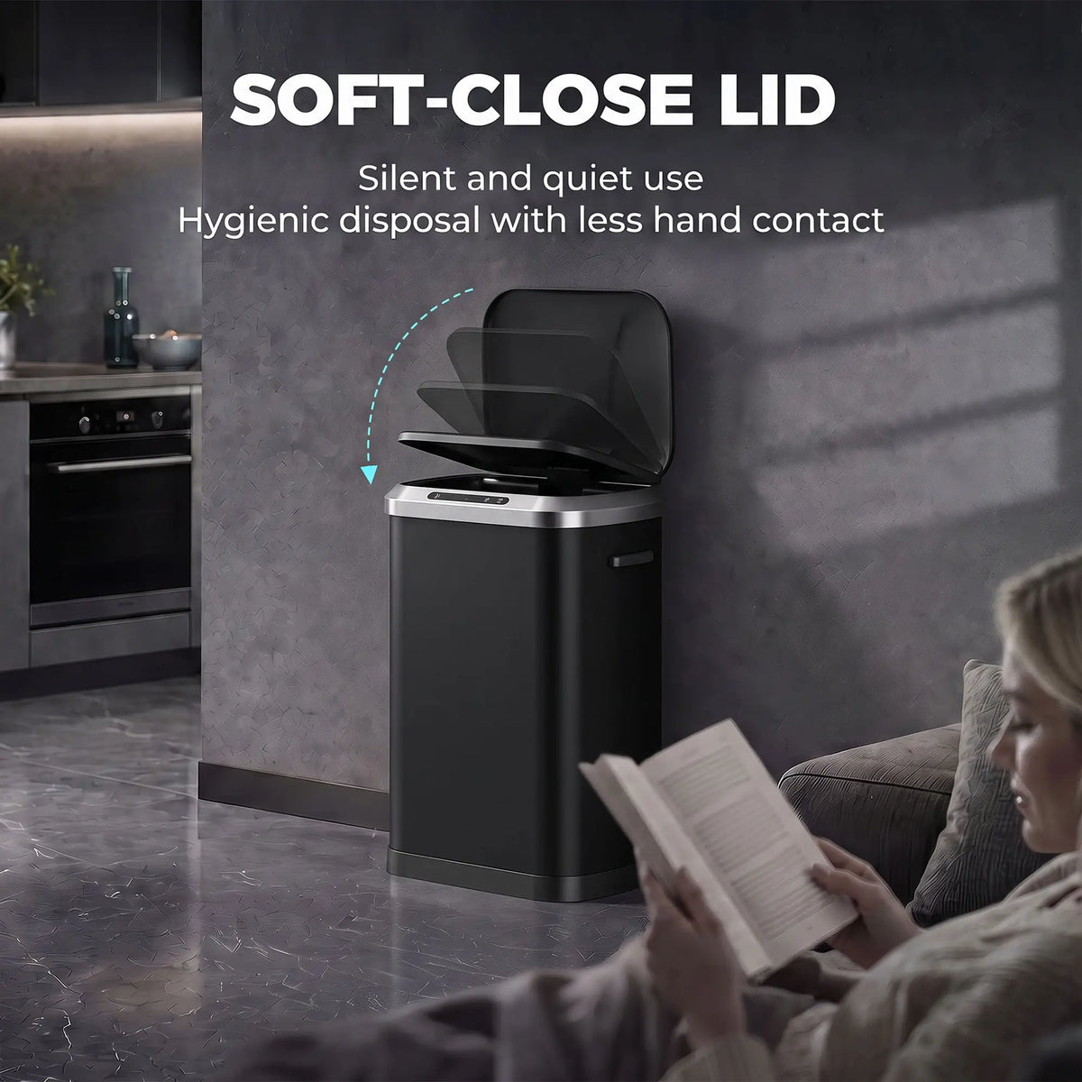 50L Touchless Trash Can, Black Stainless Steel Soft-Close Lid, Black