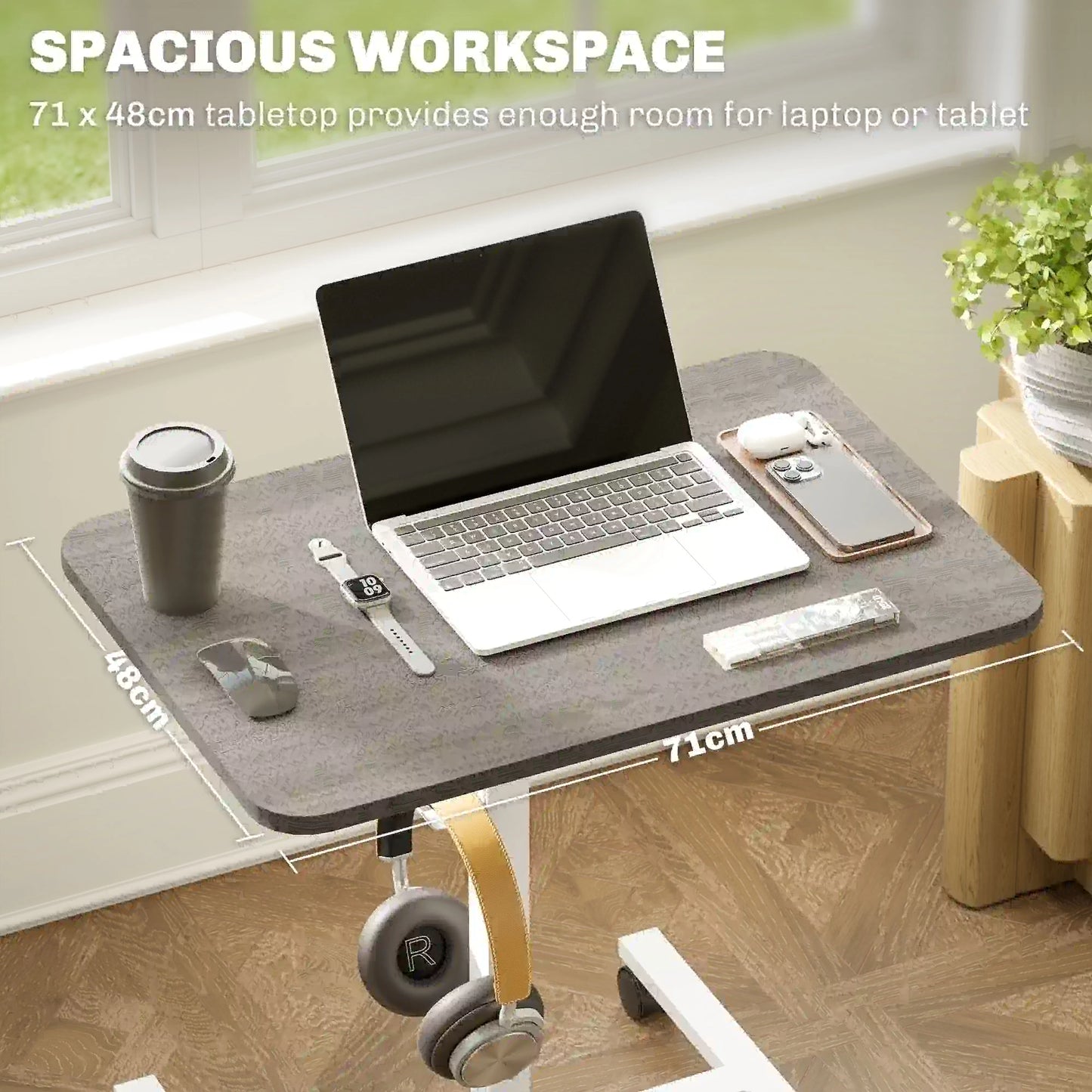 Height Adjustable Standing Desk, Pneumatic Sit Stand Desk with Wheels and Headphone Hook, Grey Office Desks & Work Stations at Gallery Canada