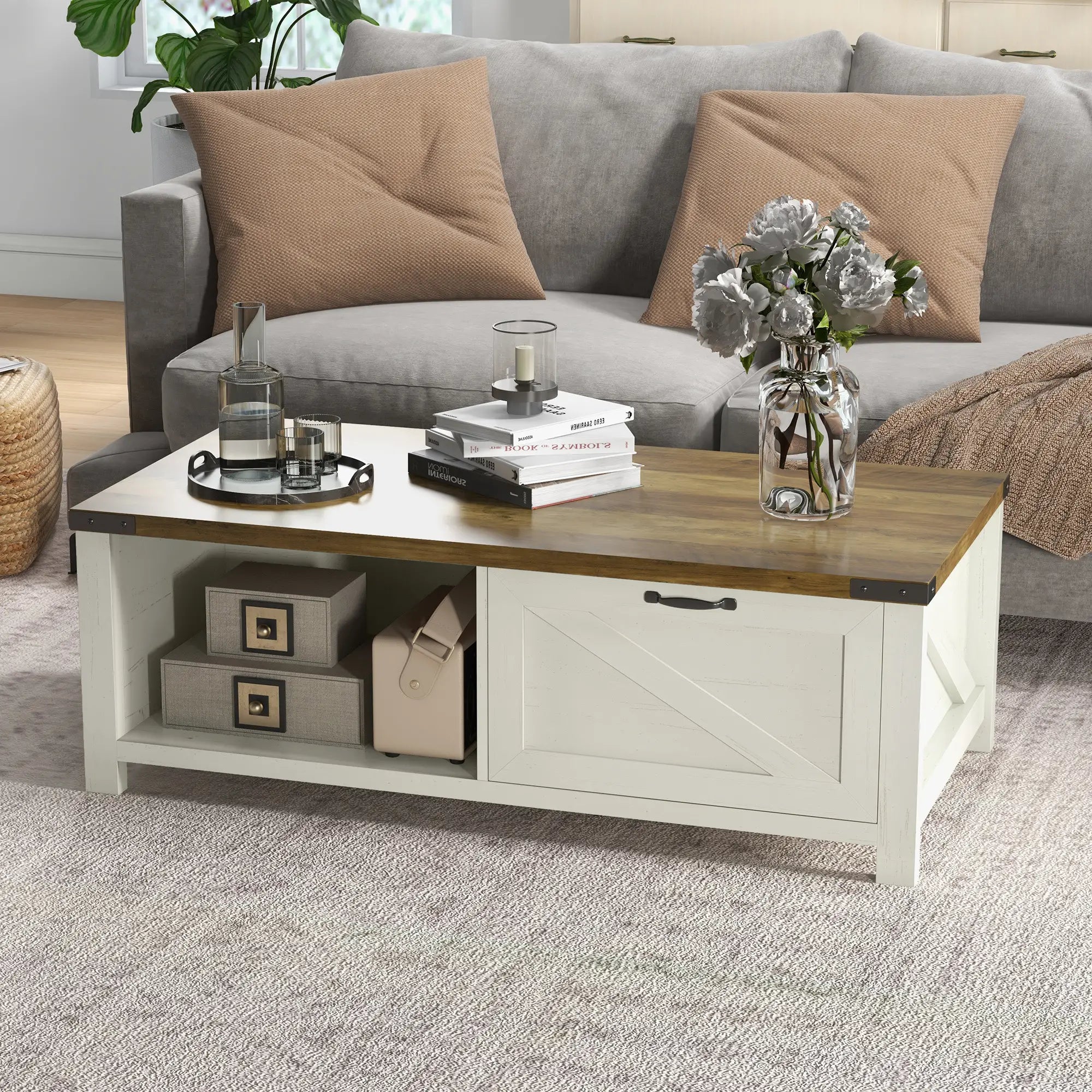 Industrial Coffee Table with Drawer, Open Shelf, Farmhouse Style, Brown Coffee Tables at Gallery Canada