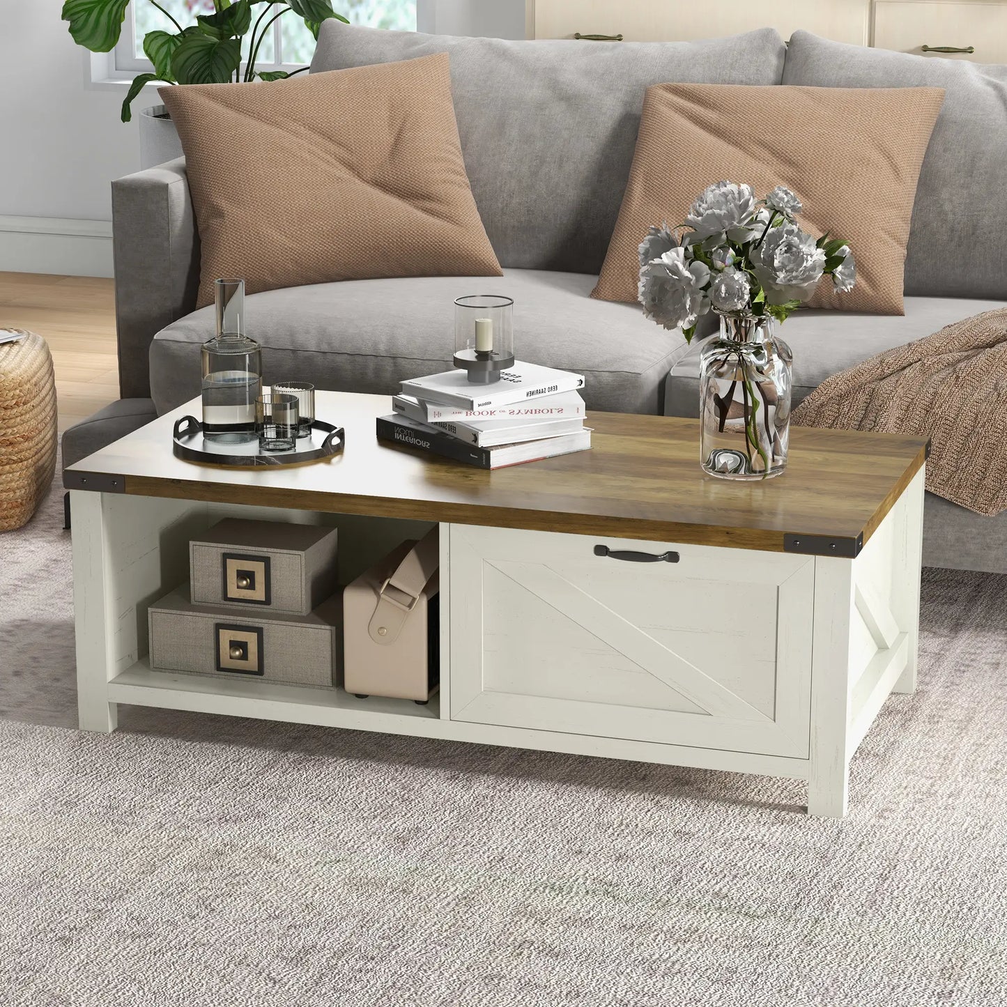 Industrial Coffee Table with Drawer, Open Shelf, Farmhouse Style, Brown Coffee Tables at Gallery Canada