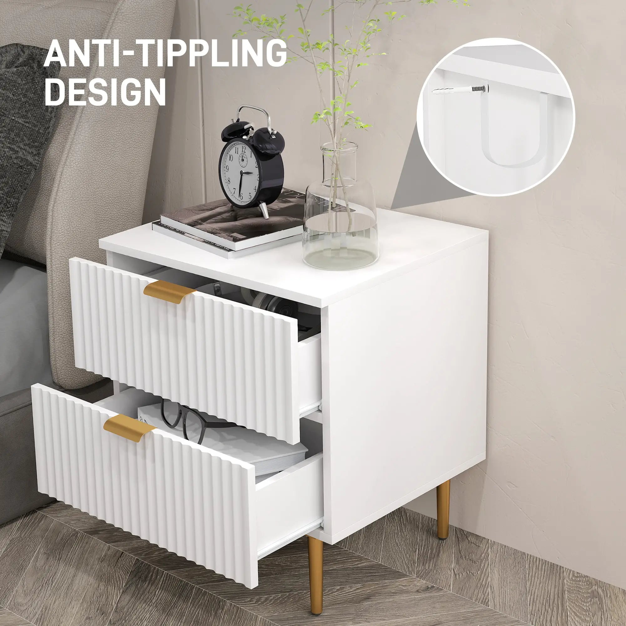 Bedside Table, Modern Nightstand with 2 Drawers, Side End Table with Metal Legs for Living Room, Bedroom, White Bedside Tables at Gallery Canada