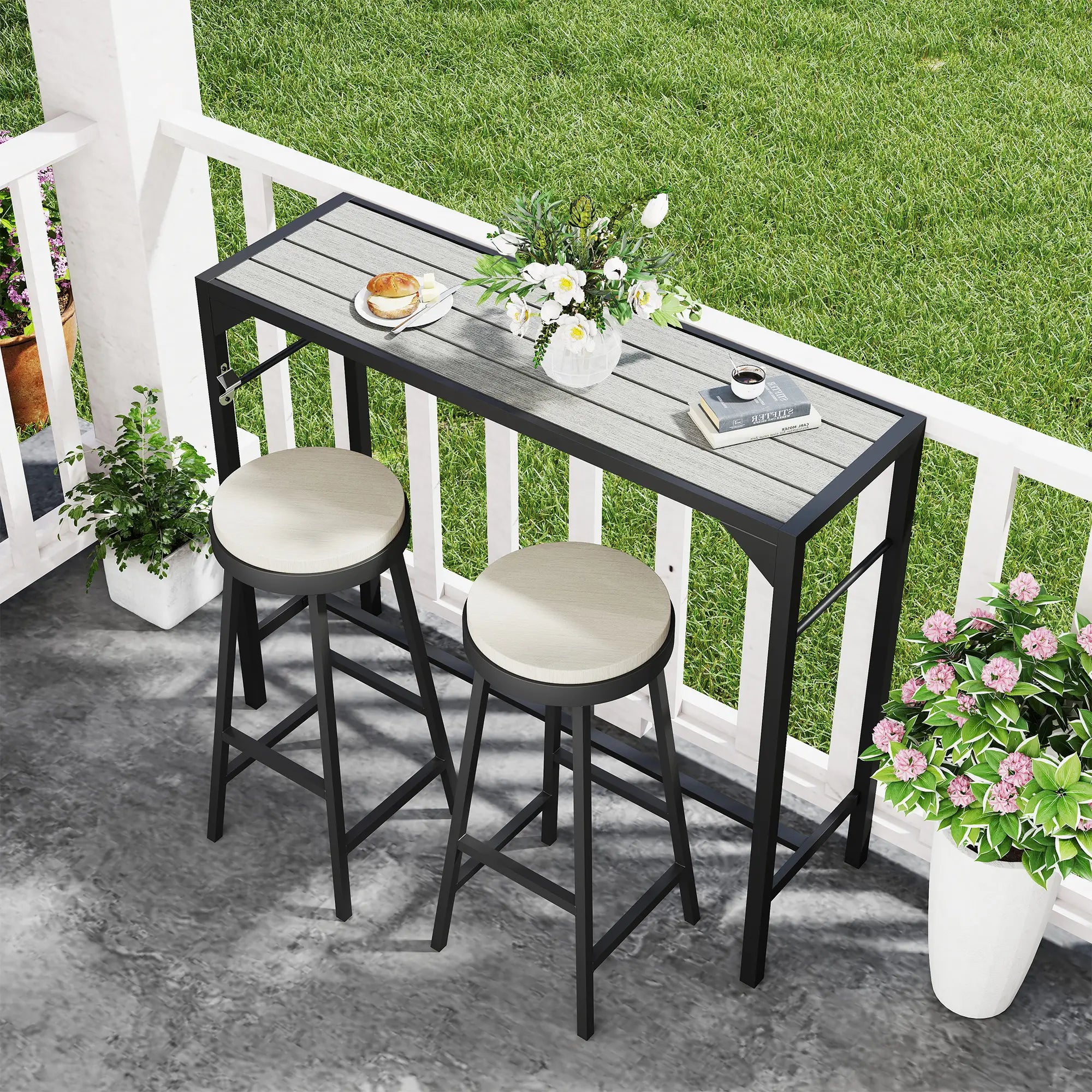 Outdoor Bar Table with Wood Grain Top, Built-In Bottle Opener, 47.2