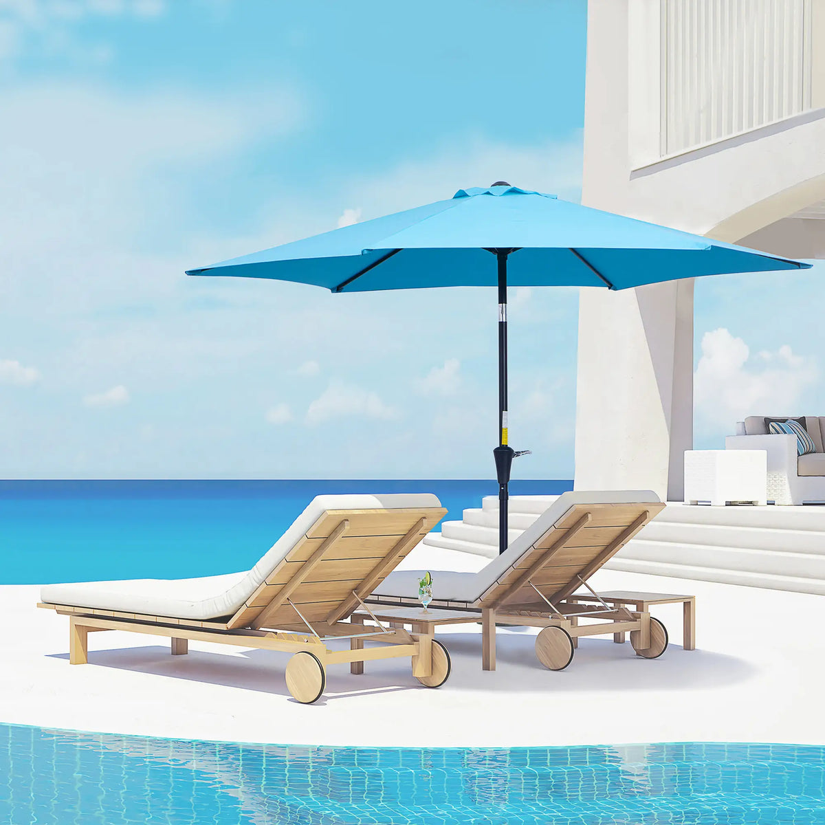 8.5' Round Aluminum Patio Umbrella, Tilt Canopy, 6 Ribs, Blue