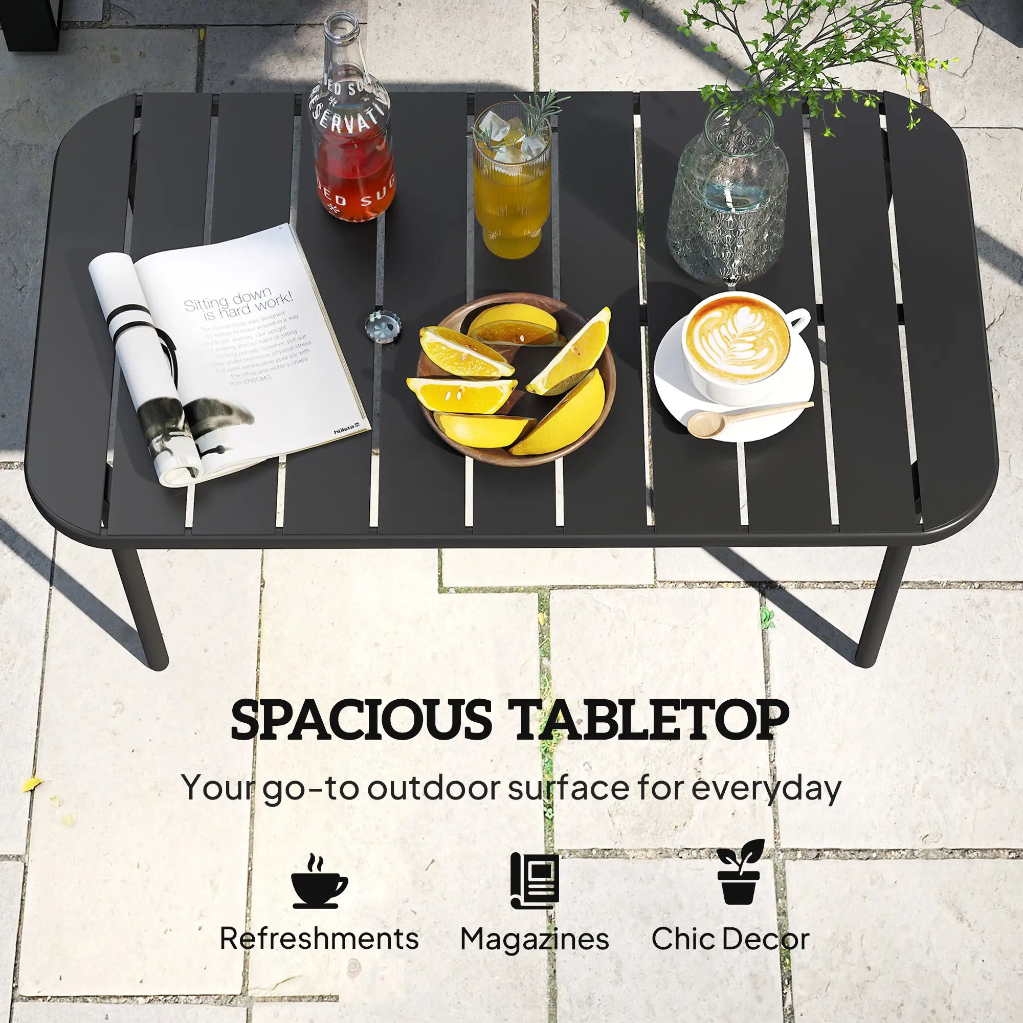 Outdoor Coffee Table, Rectangle Metal Patio Table, All-Weather Slatted Tabletop Patio Side Tables at Gallery Canada