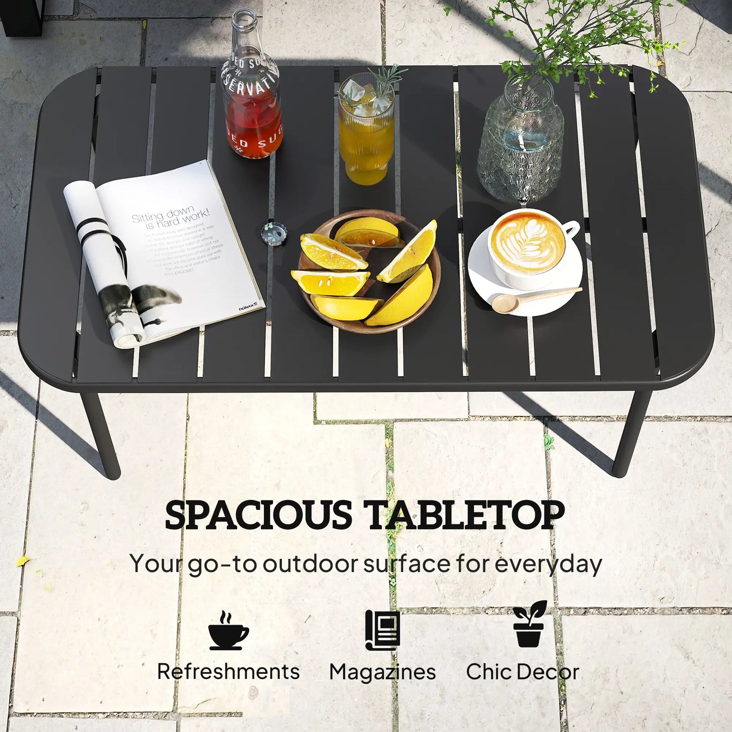 Outdoor Coffee Table, Rectangle Metal Patio Table, All-Weather Slatted Tabletop Patio Side Tables at Gallery Canada