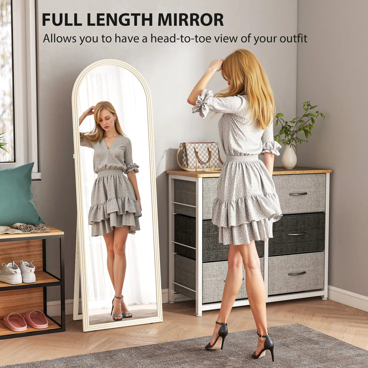 Miroir pleine longueur 64" x 21", autoportant, corps arqué, blanc