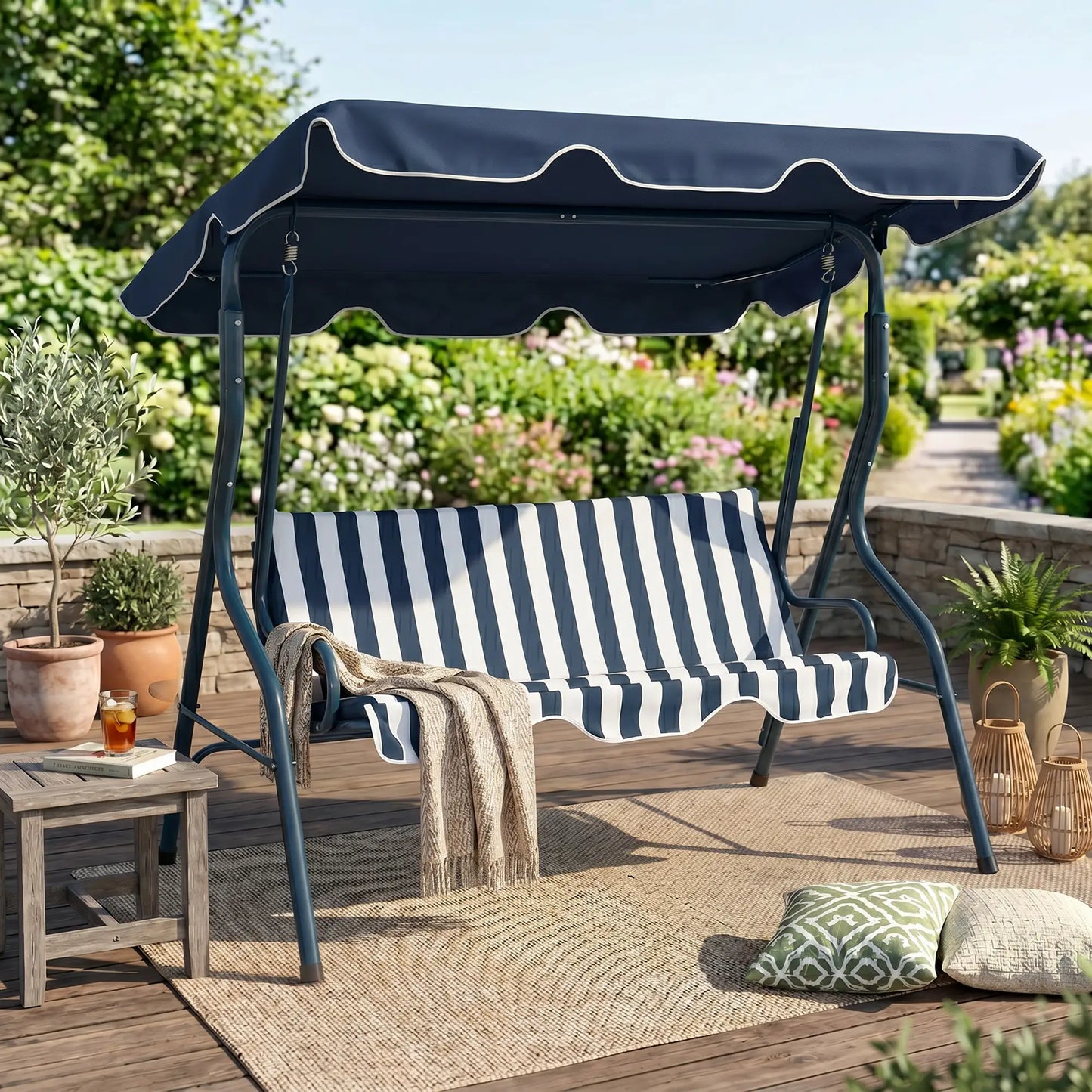 Outdoor Porch Swing, Adjustable Canopy, 3-Seater with Cushion, Blue Patio Swings with Stand at Gallery Canada