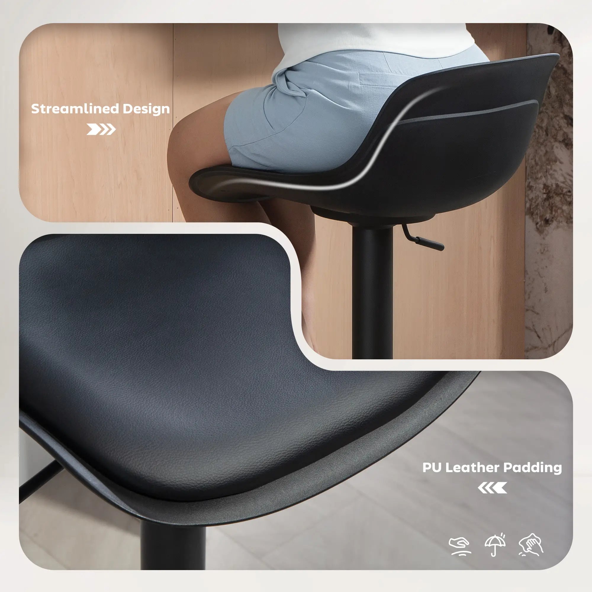 Counter Height Bar Stools Set of 2, Adjustable Swivel PU Leather Seat, Black Bar Stools at Gallery Canada