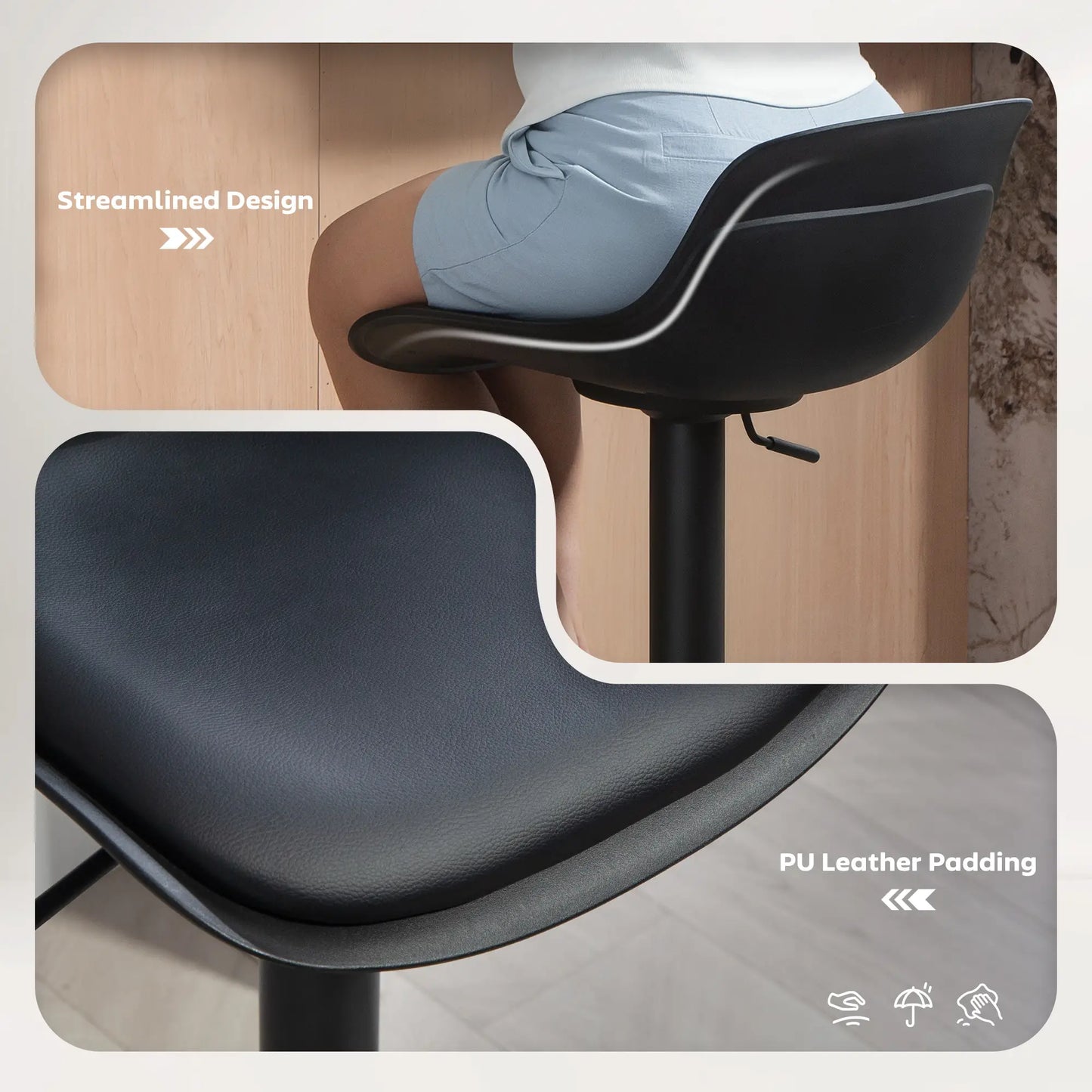 Counter Height Bar Stools Set of 2, Adjustable Swivel PU Leather Seat, Black Bar Stools at Gallery Canada