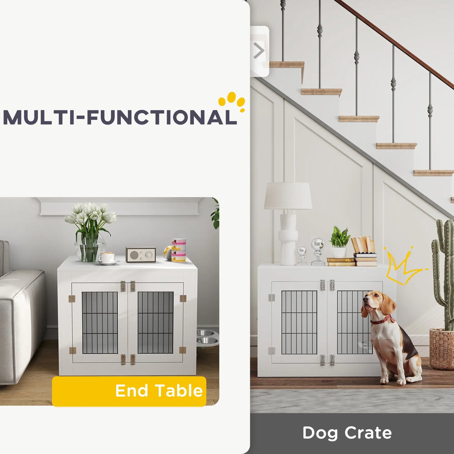Dog Crate Furniture, 360° Rotatable Bowls, Two Doors, Medium Dogs, 31.5" x 24" x 25", White Houses, Kennels & Pens at Gallery Canada