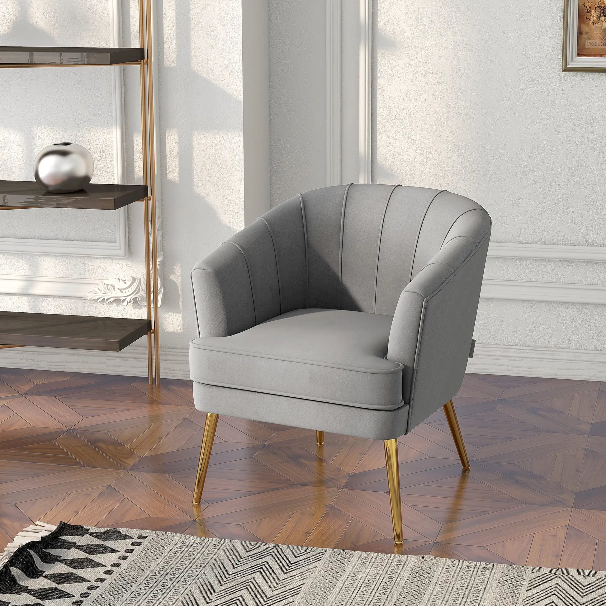 Modern Fabric Armchair, Gold Metal Legs, Living Room, Bedroom, Grey Accent Chairs at Gallery Canada